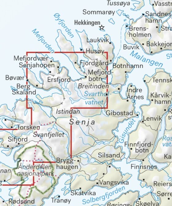 Alternative view of Hoyfjellskart Senja:  Keipen Tredjefjellet and Kvaenan 1:25'000